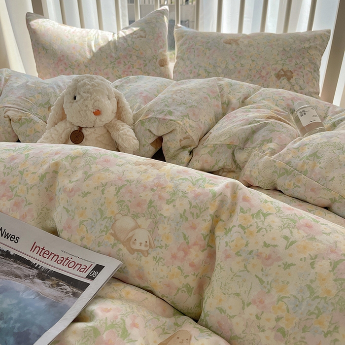 91家纺网 家纺一手货源 找家纺 瑞莱 2025夏季新款全棉纯棉有氧双层纱四件套 梦幻花园兔