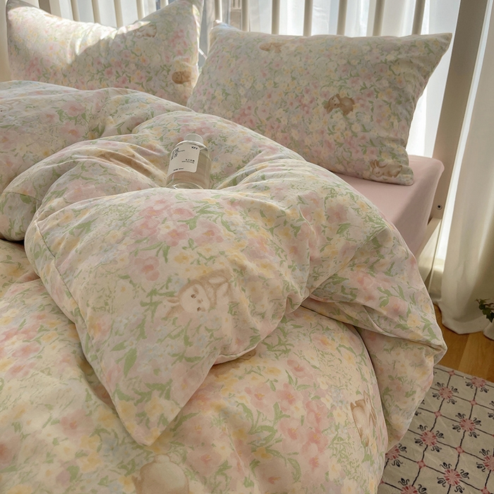 91家纺网 家纺一手货源 找家纺 瑞莱 2025夏季新款全棉纯棉有氧双层纱四件套 梦幻花园兔