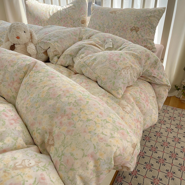 91家纺网 家纺一手货源 找家纺 瑞莱 2025夏季新款全棉纯棉有氧双层纱四件套 梦幻花园兔