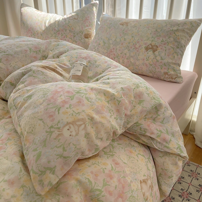 91家纺网 家纺一手货源 找家纺 瑞莱 2025夏季新款全棉纯棉有氧双层纱四件套 梦幻花园兔