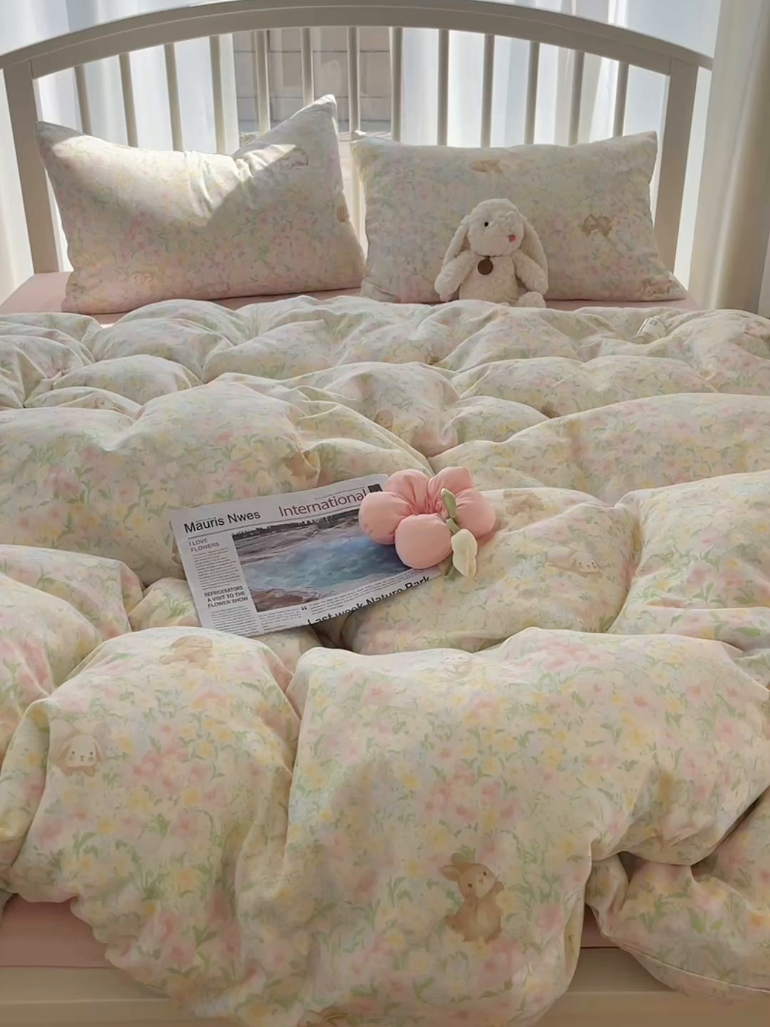 91家纺网 家纺一手货源 找家纺 瑞莱 2025夏季新款全棉纯棉有氧双层纱四件套 梦幻花园兔