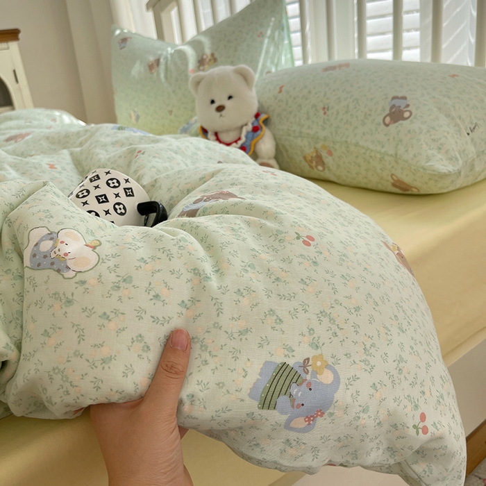 91家纺网 家纺一手货源 找家纺 瑞莱 2025夏季新款全棉纯棉有氧双层纱四件套 少女象（绿）