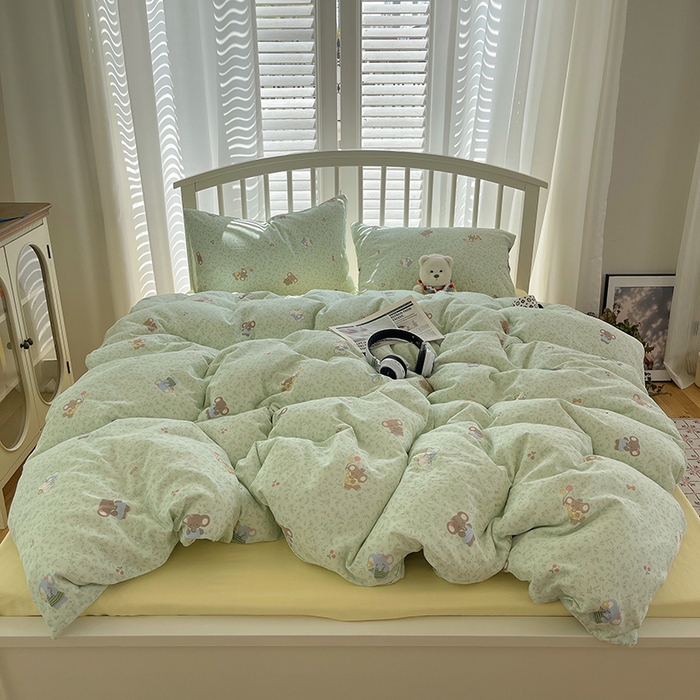 91家纺网 家纺一手货源 找家纺 瑞莱 2025夏季新款全棉纯棉有氧双层纱四件套 少女象（绿）