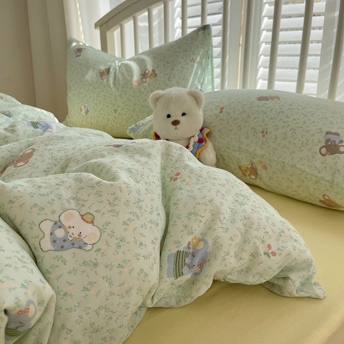 91家纺网 家纺一手货源 找家纺 瑞莱 2025夏季新款全棉纯棉有氧双层纱四件套 少女象（绿）