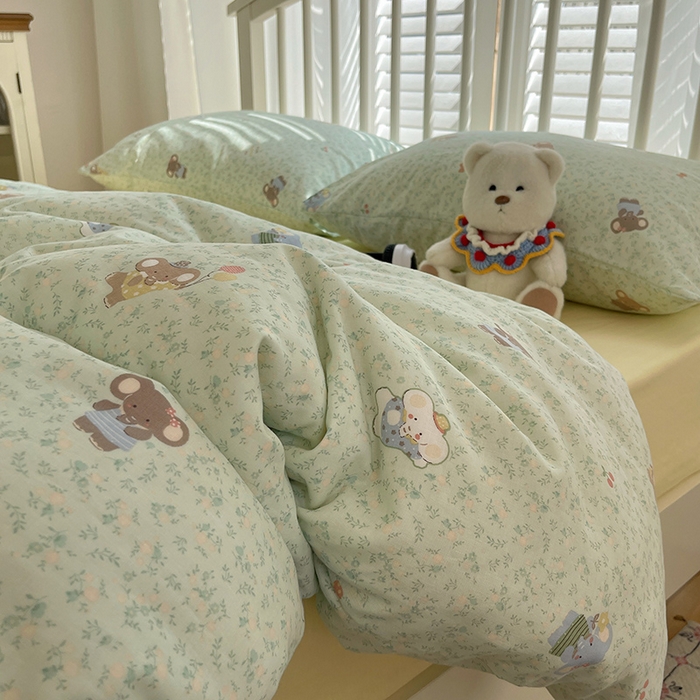 91家纺网 家纺一手货源 找家纺 瑞莱 2025夏季新款全棉纯棉有氧双层纱四件套 少女象（绿）