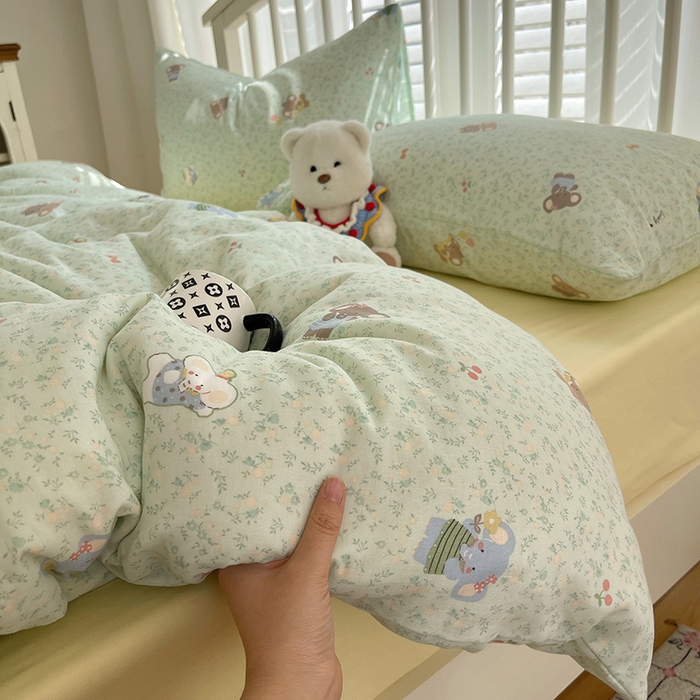 91家纺网 家纺一手货源 找家纺 瑞莱 2025夏季新款全棉纯棉有氧双层纱四件套 少女象（绿）