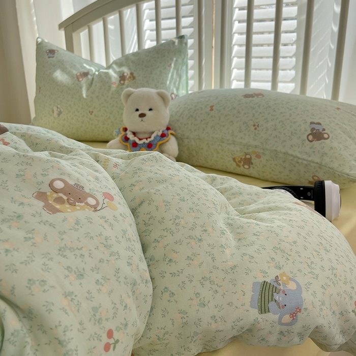 91家纺网 家纺一手货源 找家纺 瑞莱 2025夏季新款全棉纯棉有氧双层纱四件套 少女象（绿）