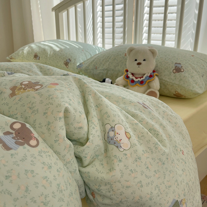 91家纺网 家纺一手货源 找家纺 瑞莱 2025夏季新款全棉纯棉有氧双层纱四件套 少女象（绿）