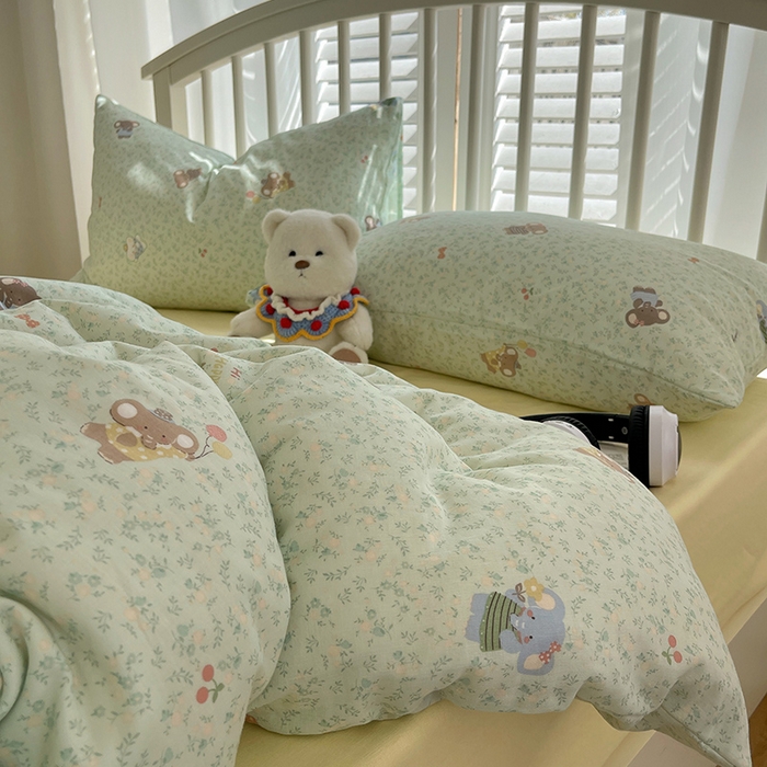 91家纺网 家纺一手货源 找家纺 瑞莱 2025夏季新款全棉纯棉有氧双层纱四件套 少女象（绿）