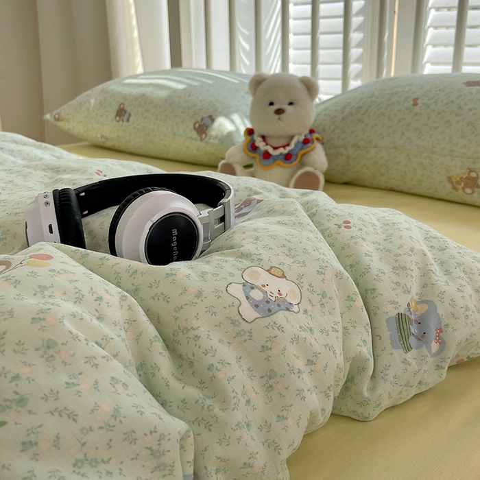 91家纺网 家纺一手货源 找家纺 瑞莱 2025夏季新款全棉纯棉有氧双层纱四件套 少女象（绿）