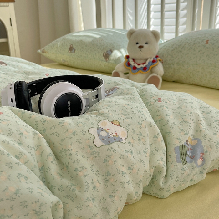 91家纺网 家纺一手货源 找家纺 瑞莱 2025夏季新款全棉纯棉有氧双层纱四件套 少女象（绿）