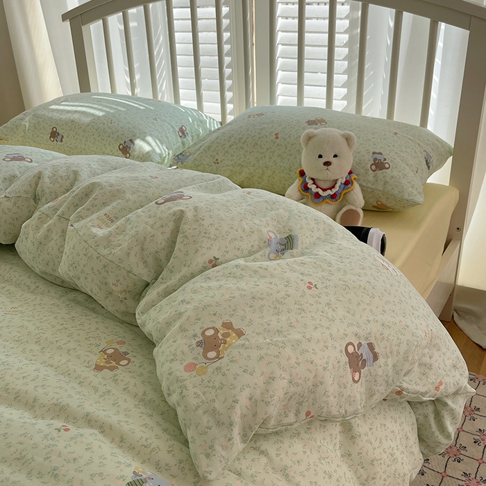 91家纺网 家纺一手货源 找家纺 瑞莱 2025夏季新款全棉纯棉有氧双层纱四件套 少女象（绿）