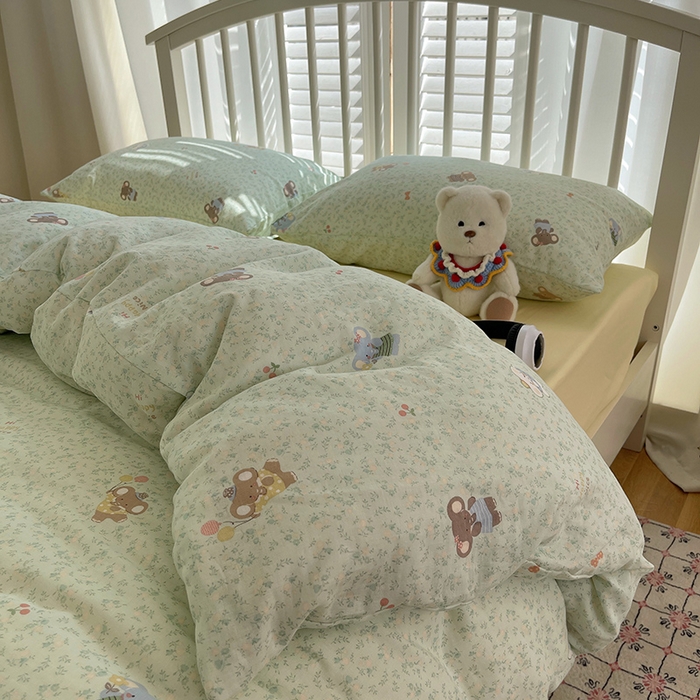 91家纺网 家纺一手货源 找家纺 瑞莱 2025夏季新款全棉纯棉有氧双层纱四件套 少女象（绿）