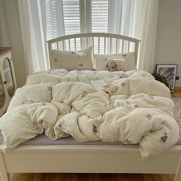 91家纺网 家纺一手货源 找家纺 瑞莱 2025夏季新款全棉纯棉有氧双层纱四件套 原宿小兔