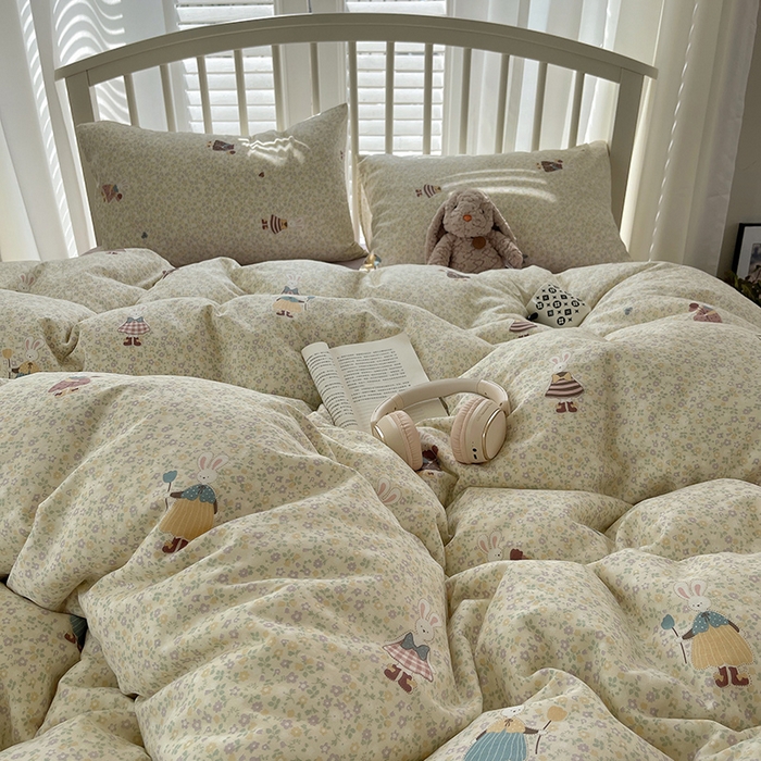 91家纺网 家纺一手货源 找家纺 瑞莱 2025夏季新款全棉纯棉有氧双层纱四件套 原宿小兔