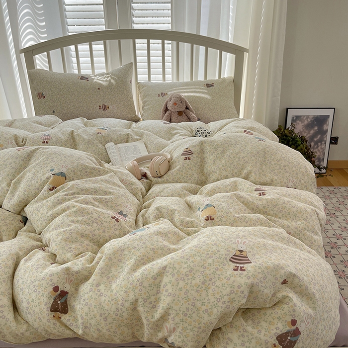 91家纺网 家纺一手货源 找家纺 瑞莱 2025夏季新款全棉纯棉有氧双层纱四件套 原宿小兔