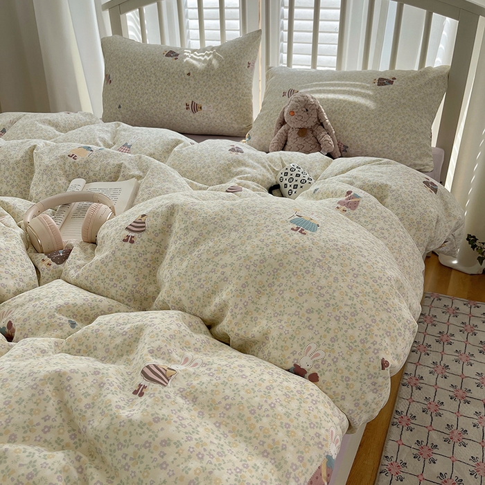 91家纺网 家纺一手货源 找家纺 瑞莱 2025夏季新款全棉纯棉有氧双层纱四件套 原宿小兔