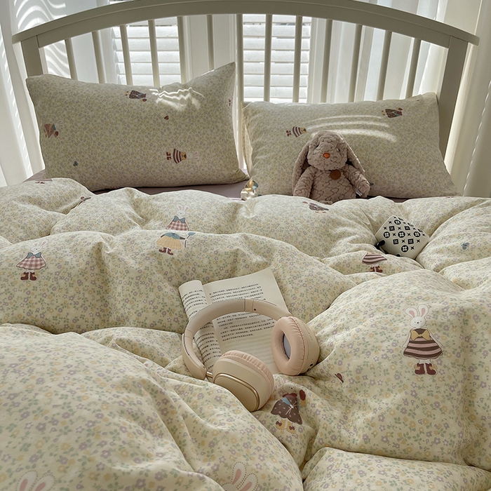 91家纺网 家纺一手货源 找家纺 瑞莱 2025夏季新款全棉纯棉有氧双层纱四件套 原宿小兔