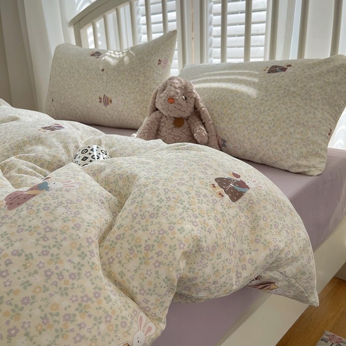 91家纺网 家纺一手货源 找家纺 瑞莱 2025夏季新款全棉纯棉有氧双层纱四件套 原宿小兔