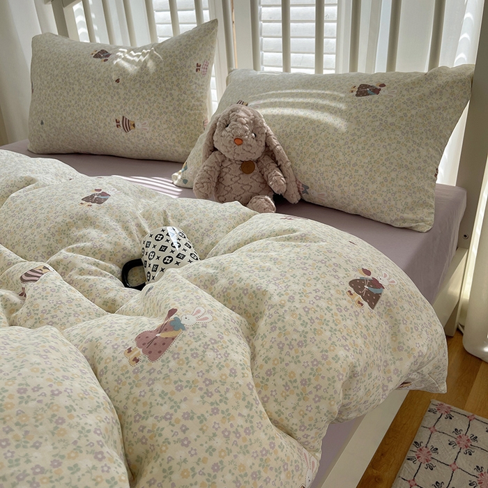 91家纺网 家纺一手货源 找家纺 瑞莱 2025夏季新款全棉纯棉有氧双层纱四件套 原宿小兔