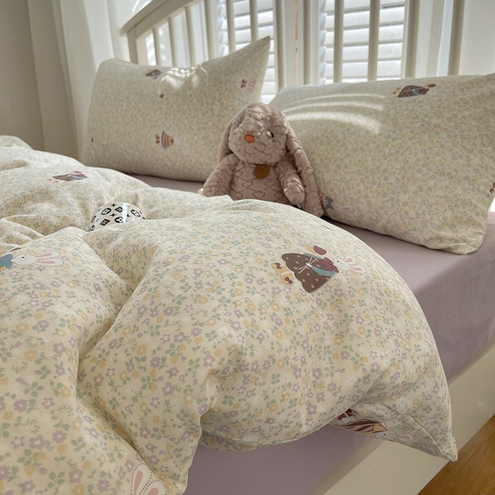 91家纺网 家纺一手货源 找家纺 瑞莱 2025夏季新款全棉纯棉有氧双层纱四件套 原宿小兔