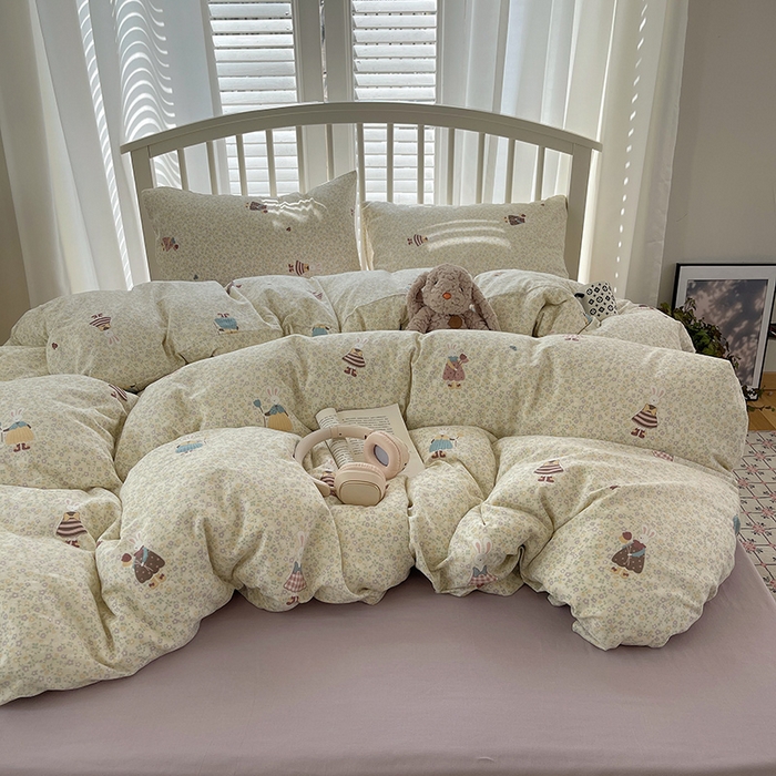 91家纺网 家纺一手货源 找家纺 瑞莱 2025夏季新款全棉纯棉有氧双层纱四件套 原宿小兔