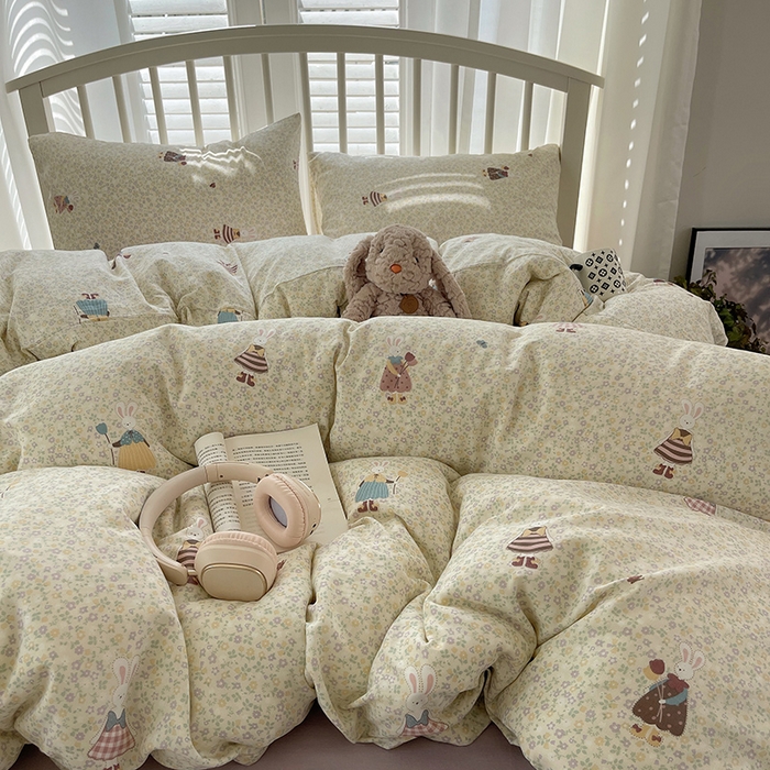 91家纺网 家纺一手货源 找家纺 瑞莱 2025夏季新款全棉纯棉有氧双层纱四件套 原宿小兔