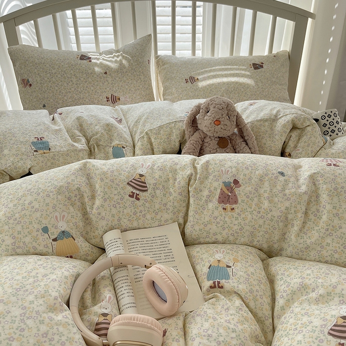 91家纺网 家纺一手货源 找家纺 瑞莱 2025夏季新款全棉纯棉有氧双层纱四件套 原宿小兔