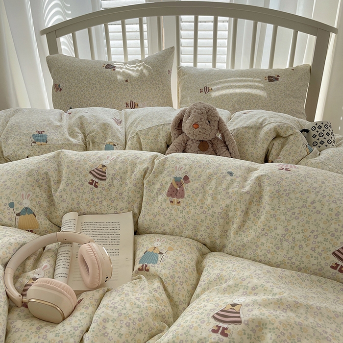 91家纺网 家纺一手货源 找家纺 瑞莱 2025夏季新款全棉纯棉有氧双层纱四件套 原宿小兔