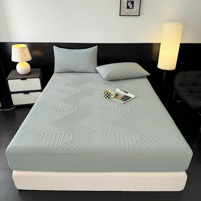 91家纺网 家纺一手货源 找家纺 十一家居 2025新款A类防水夹棉亲肤水洗棉床笠床垫保护套—几何系列 浅灰