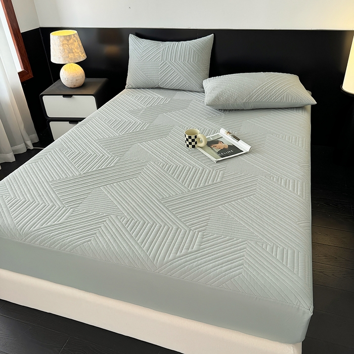 91家纺网 家纺一手货源 找家纺 十一家居 2025新款A类防水夹棉亲肤水洗棉床笠床垫保护套—几何系列 浅灰