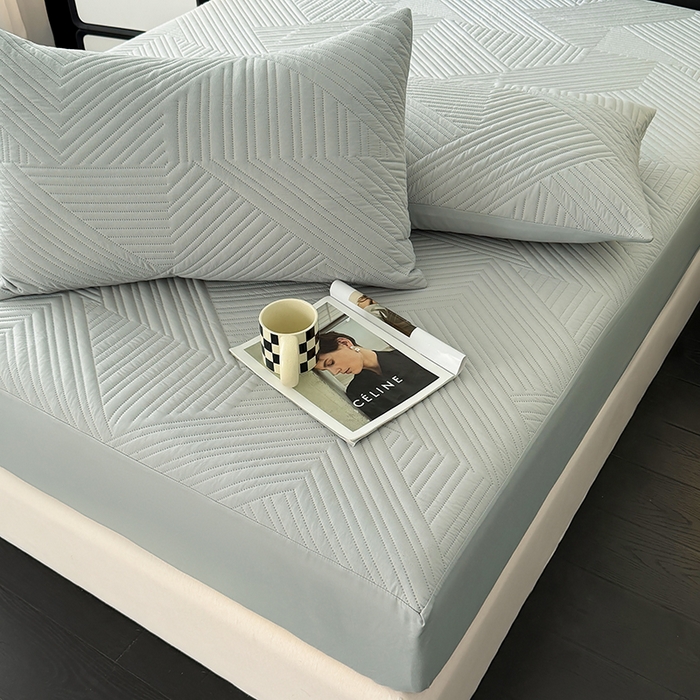 91家纺网 家纺一手货源 找家纺 十一家居 2025新款A类防水夹棉亲肤水洗棉床笠床垫保护套—几何系列 浅灰