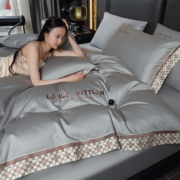 91家纺网 家纺一手货源 找家纺 瑞驰家纺 2025新款长绒棉纯棉绣花四件套-棋盘格系列 棋盘格-高级灰