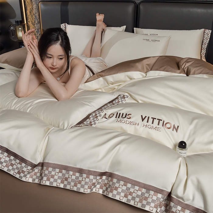 91家纺网 家纺一手货源 找家纺 瑞驰家纺 2025新款长绒棉纯棉绣花四件套-棋盘格系列 棋盘格-米黄咖