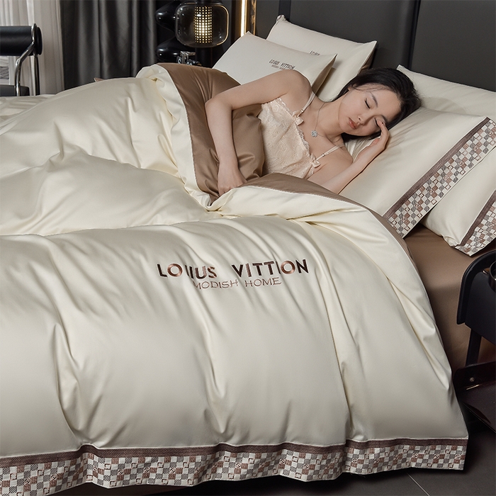 91家纺网 家纺一手货源 找家纺 瑞驰家纺 2025新款长绒棉纯棉绣花四件套-棋盘格系列 棋盘格-米黄咖