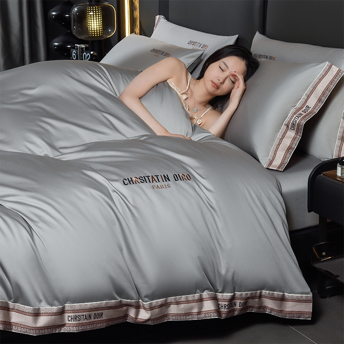 91家纺网 家纺一手货源 找家纺 瑞驰家纺 2025新款长绒棉纯棉绣花四件套-莱桉系列 莱桉-朵拉灰