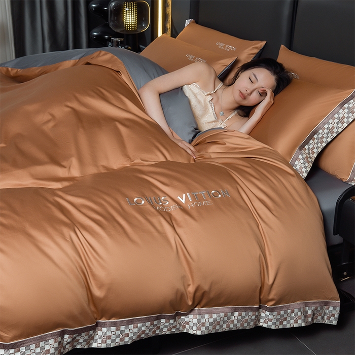 91家纺网 家纺一手货源 找家纺 瑞驰家纺 2025新款长绒棉纯棉绣花四件套-棋盘格系列 棋盘格-摩卡橙