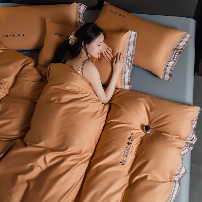 91家纺网 家纺一手货源 找家纺 瑞驰家纺 2025新款长绒棉纯棉绣花四件套-莱桉系列 莱桉-棕橙