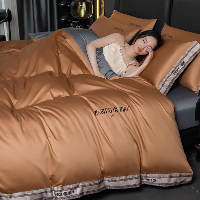 91家纺网 家纺一手货源 找家纺 瑞驰家纺 2025新款长绒棉纯棉绣花四件套-莱桉系列 莱桉-棕橙