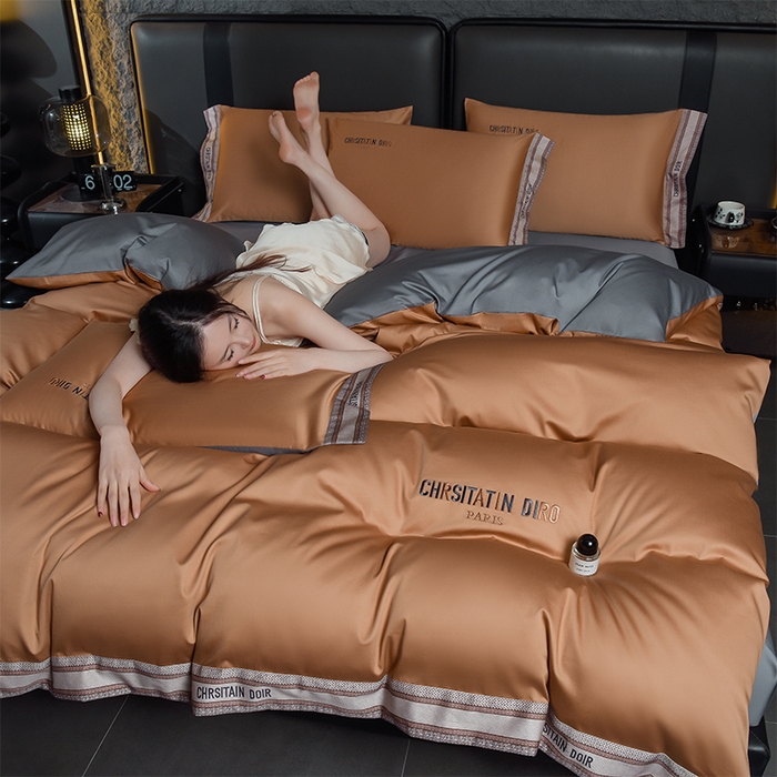 91家纺网 家纺一手货源 找家纺 瑞驰家纺 2025新款长绒棉纯棉绣花四件套-莱桉系列 莱桉-棕橙