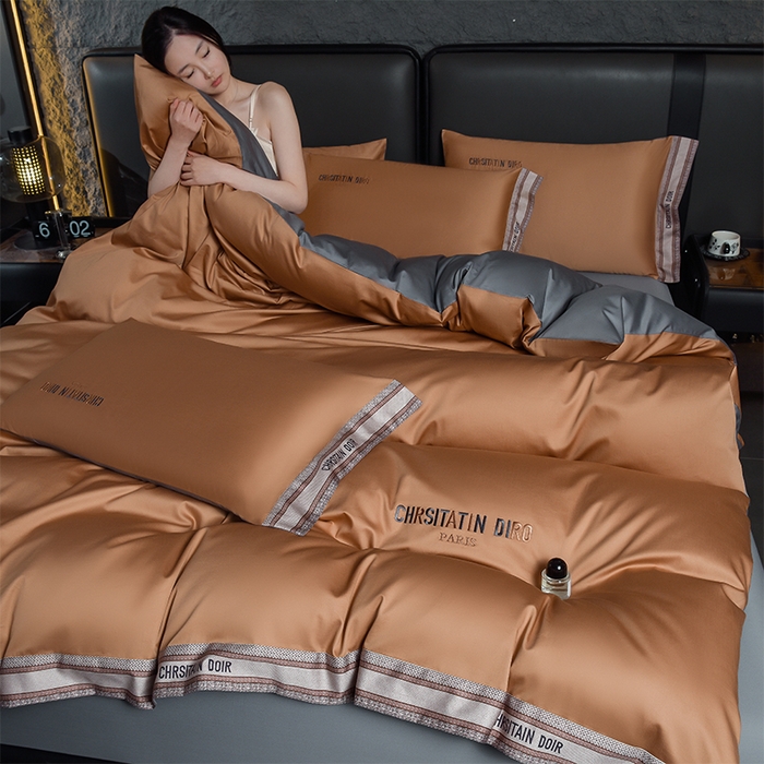 91家纺网 家纺一手货源 找家纺 瑞驰家纺 2025新款长绒棉纯棉绣花四件套-莱桉系列 莱桉-棕橙