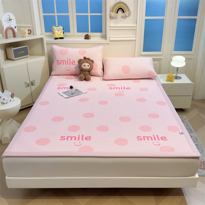 91家纺网 家纺一手货源 找家纺 喜居 2025新款A类印花凉感豆豆三明治复合款凉席席子 三明治复合款-微笑粉