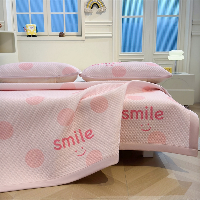 91家纺网 家纺一手货源 找家纺 喜居 2025新款A类印花凉感豆豆三明治复合款凉席席子 三明治复合款-微笑粉