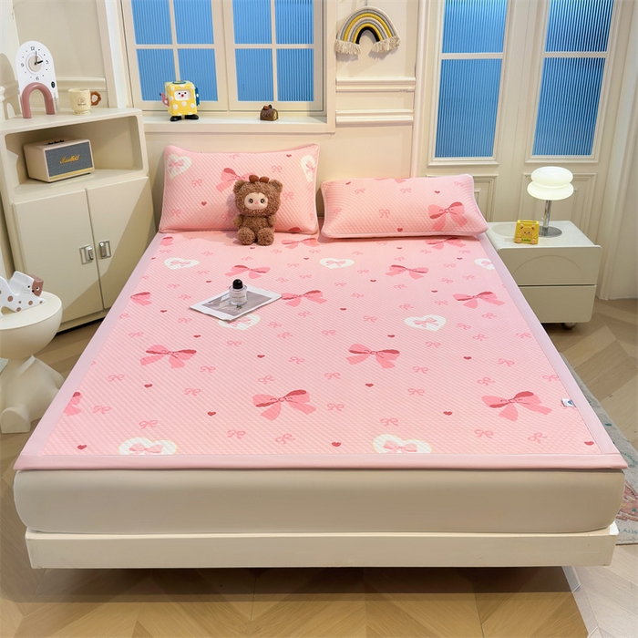 91家纺网 家纺一手货源 找家纺 喜居 2025新款A类印花凉感豆豆三明治复合款凉席席子 三明治复合款-粉色之恋