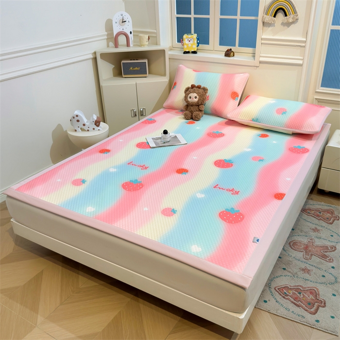 91家纺网 家纺一手货源 找家纺 喜居 2025新款A类印花凉感豆豆三明治复合款凉席席子 三明治复合款-彩虹草莓