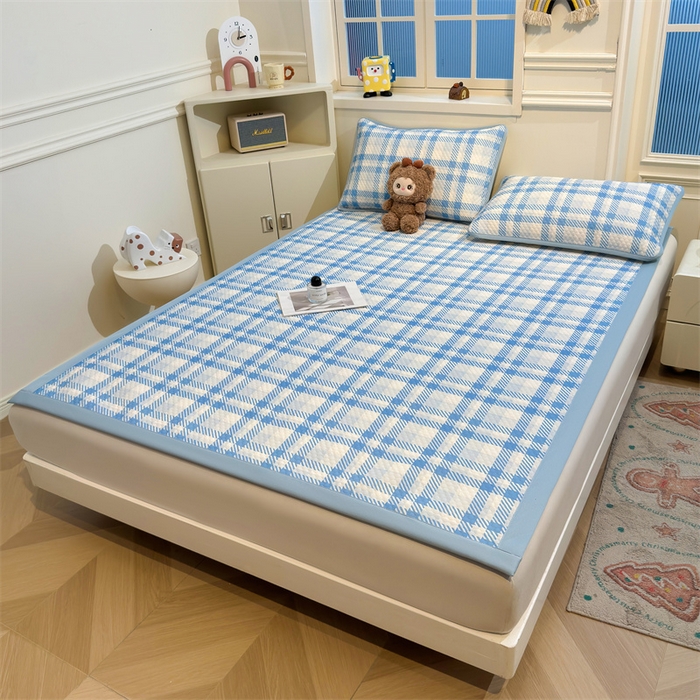 91家纺网 家纺一手货源 找家纺 喜居 2025新款A类印花凉感豆豆三明治复合款凉席席子 三明治复合款-晨曦蓝