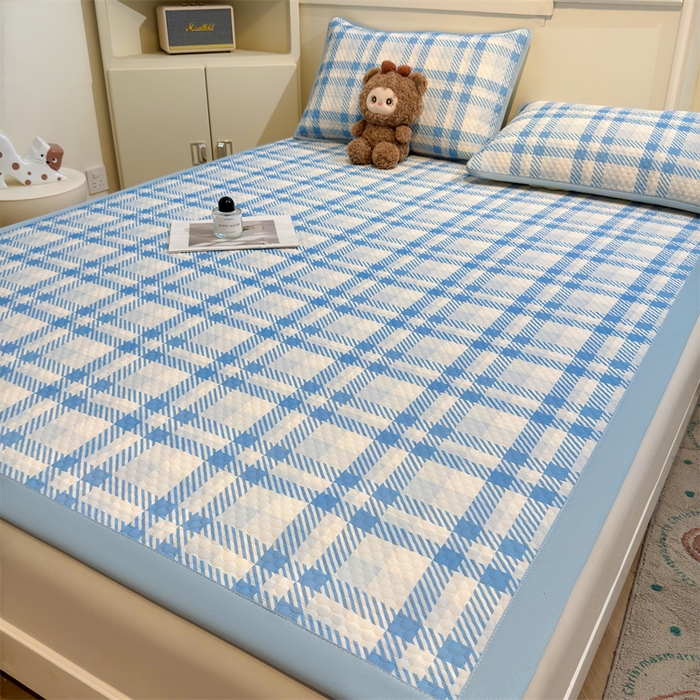 91家纺网 家纺一手货源 找家纺 喜居 2025新款A类印花凉感豆豆三明治复合款凉席席子 三明治复合款-晨曦蓝