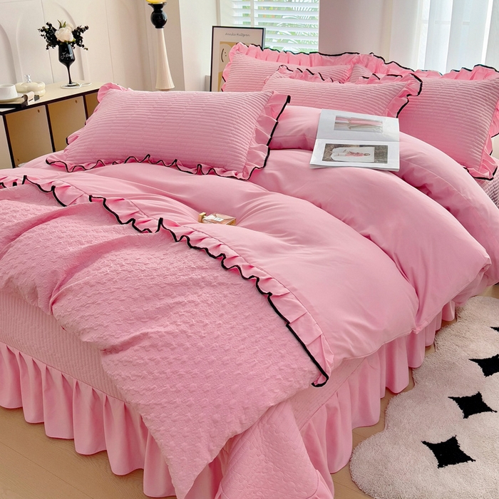 91家纺网 家纺一手货源 找家纺 畅畅家纺 2025新款时尚柔软水洗棉床盖被套四件套 粉色