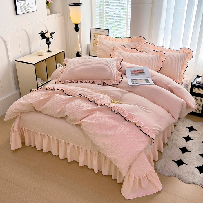 91家纺网 家纺一手货源 找家纺 畅畅家纺 2025新款时尚柔软水洗棉床盖被套四件套 藕粉