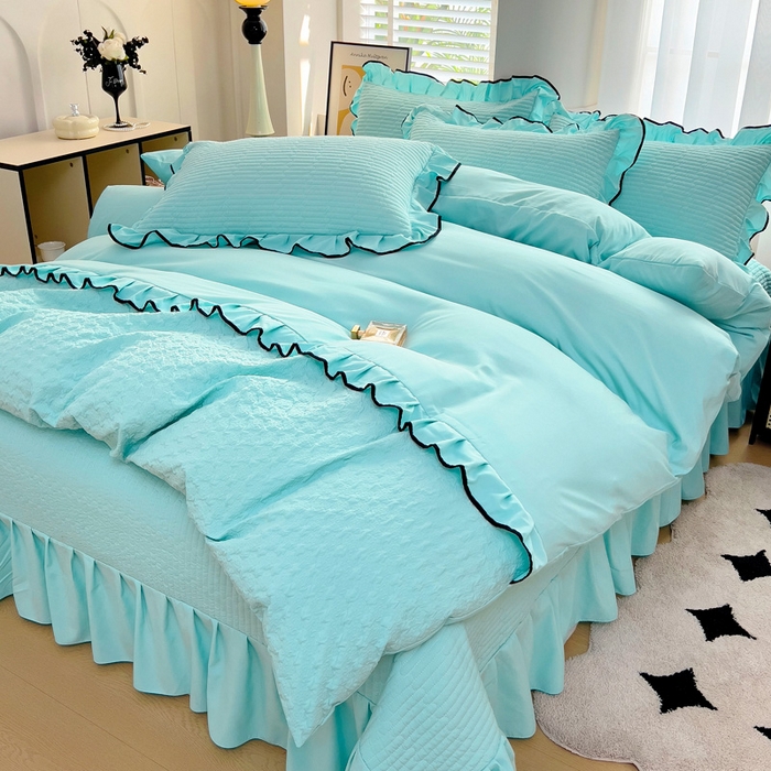 91家纺网 家纺一手货源 找家纺 畅畅家纺 2025新款时尚柔软水洗棉床盖被套四件套 水绿